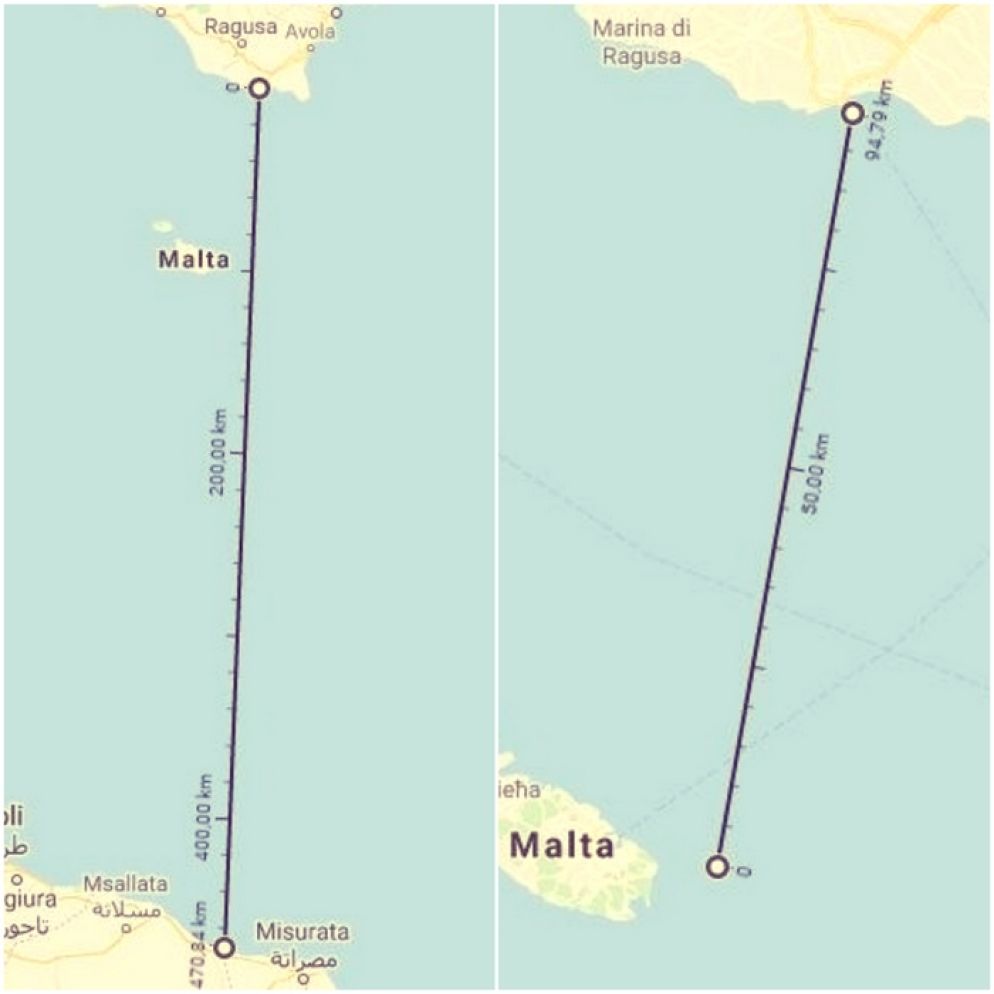 Il raffronto delle rotte da Zliten, in Libia, a Pozzallo (circa 500 km) con la rotta Malta-Pozzallo (circa 100 Km)