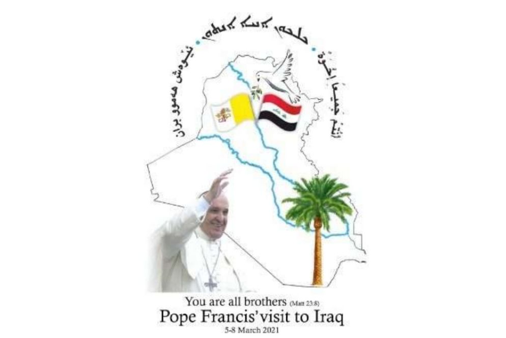 “Siete tutti Fratelli”; è questo il motto - tratto dal Vangelo di Matteo - della visita di Francesco in Iraq il cui logo raffigura il Papa nel gesto di salutare il Paese, rappresentato in mappa e dai suoi simboli, la palma e i fiumi Tigri ed Eufrate. Il logo mostra anche una colomba bianca, nel becco un ramoscello di ulivo, simbolo di pace, volare sulle bandiere della Santa Sede e della Repubblica dell’Iraq. A sovrastare l'immagine, il motto della visita riportato in arabo, curdo e caldeo. - Vatican Media