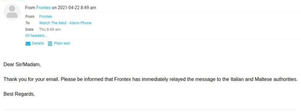 Le email da Frontex che confermano di avere informato del naufragio le autorità