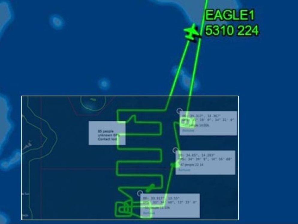 La sovrapposizione della geolocalizzazione dei barconi con la rotta del velivolo pattugliatore di Frontex Eagle 1