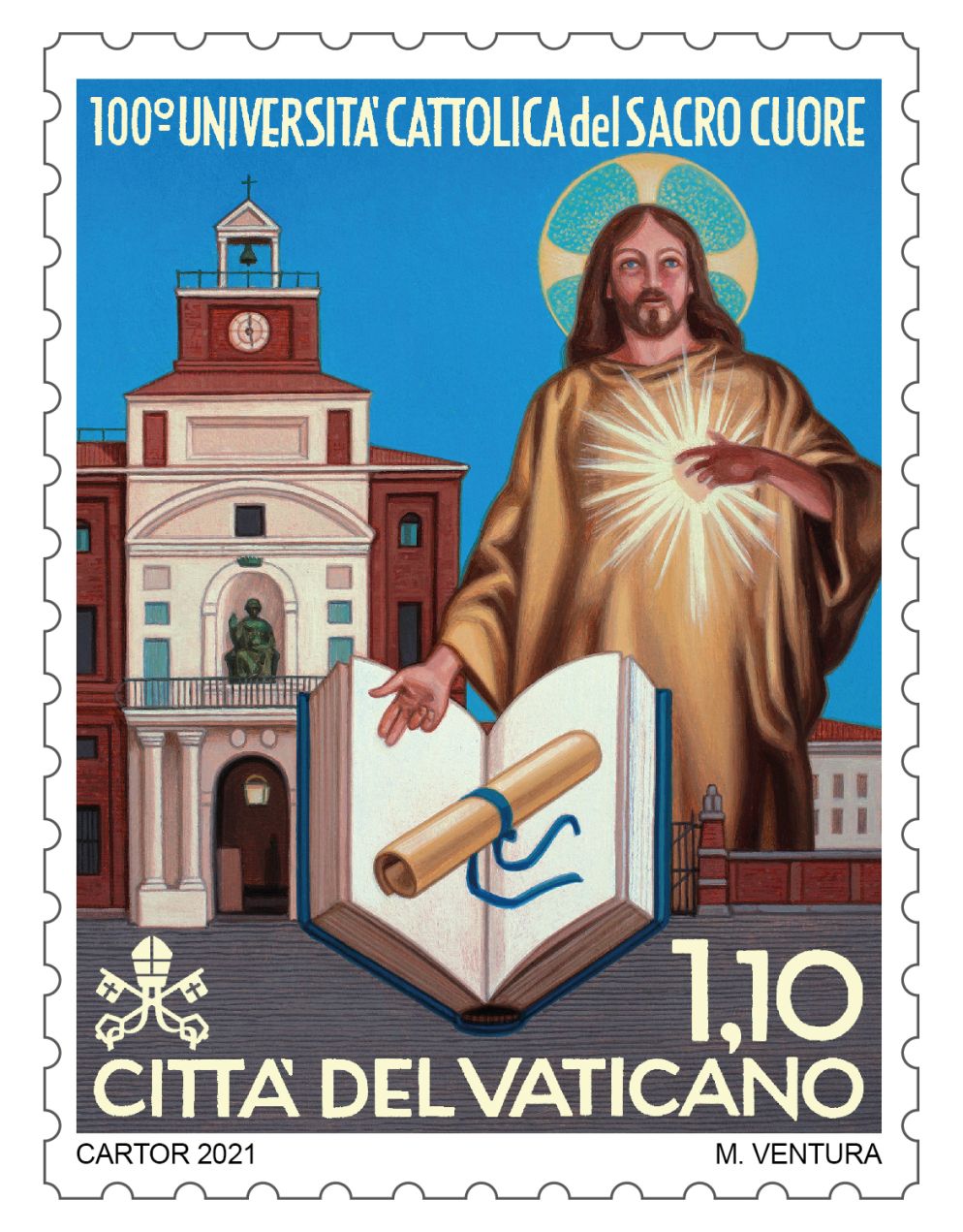Il francobollo celebrativo per i 100 anni dell'Università Cattolica del Sacro Cuore