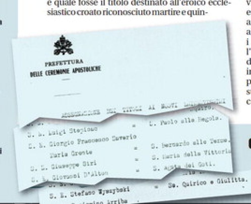 Il foglio dell’allora Prefettura delle Cerimonie Apostoliche scovato dall’ambasciatore Pelicaric con cui si documenta che al cardinale Stepinac era assegnato il titolo di S. Paolo alla Regola. Nel testo si nota che al polacco Wyszynski era destinato il titolo dei SS. Quirico e Giulitta. Ma a causa della cortina di ferro neanche lui potè partecipare al Concistoro del 1953, e riuscì a venire a Roma solo nel 1957 chiedendo, e ottenendo, di poter cambiare il titolo originario con quello di S. Maria in Trastevere, dove era seppellito il conterraneo cardinal Osio. - (G.C.)