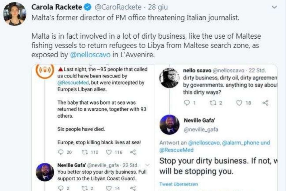 Il tweet di Carola Rackete in solidarietà a Nello Scavo - Twitter
