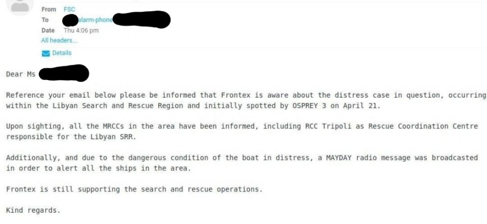 Le email da Frontex che confermano di avere informato del naufragio le autorità
