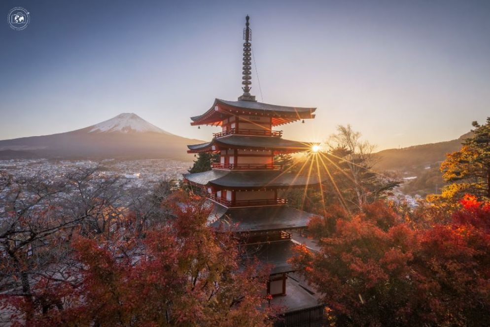 Un tempio buddhista circondato di momiji al tramonto di fronte al monte Fuji