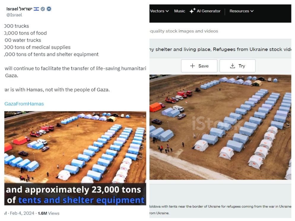 Il fotoconfronto tra il tweet ufficiale di Israele che parla di Gaza (a destra) e la vera immagine del campo profughi in Moldavia