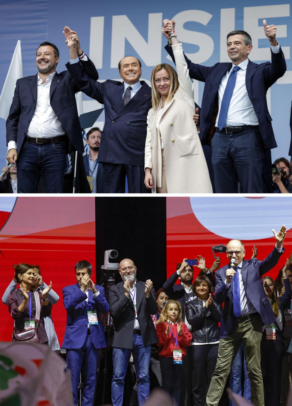 Le chiusure delle campagne elettorali di centrodestra e centrosinistra. - Ansa