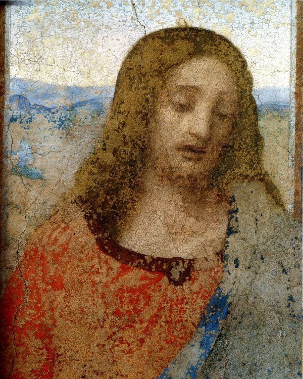 Leonardo da Vinci, Ultima Cena, particolare del volto di Cristo, 1494-1498 tempera grassa, lacche e oli su intonaco 460×880 cm Santa Maria delle Grazie, Milano