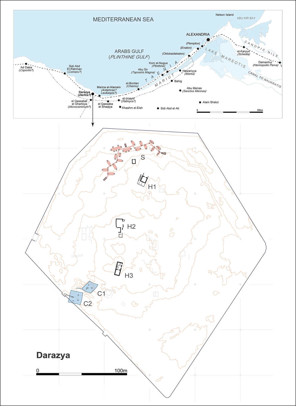 La disposizione del sito di Darazya, con gli edifici residenziali (H1, H2 e H3), le cisterne (C1 e C2) e le strutture militari della Seconda guerra mondiale (S) - grafica di S. Popléawski