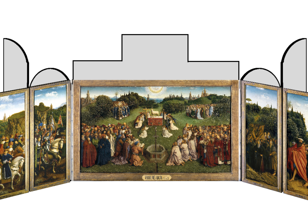 Il Polittico nella cattedrale di San Bavone a Gand, noto come Altare dell’Agnello mistico: la ricostruzione di Parronchi che pone i due livelli di schiena: retro - -