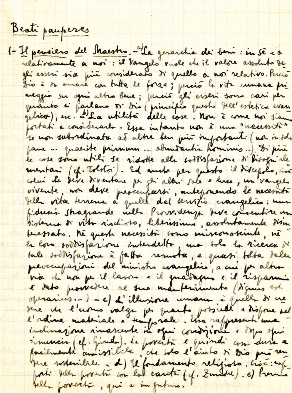 La pagina autografa scritta da Montini in vista delle Conferenze della San Vincenzo - Archivio Istituto Paolo VI