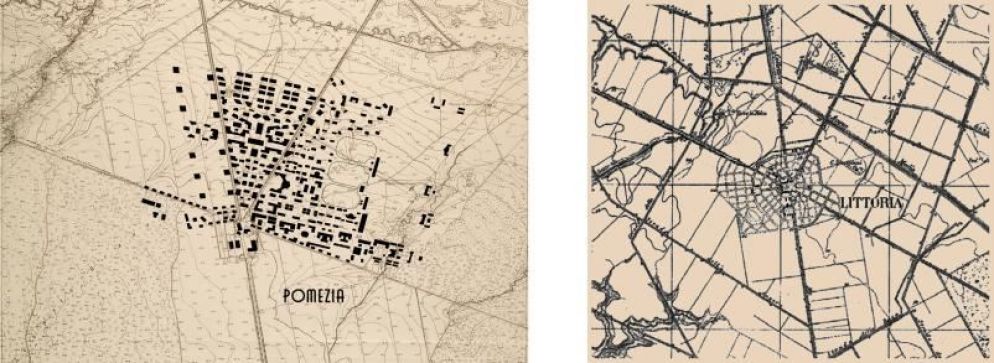 Le piante di Pometia Italica (a destra) e di Littoria - Moriconi