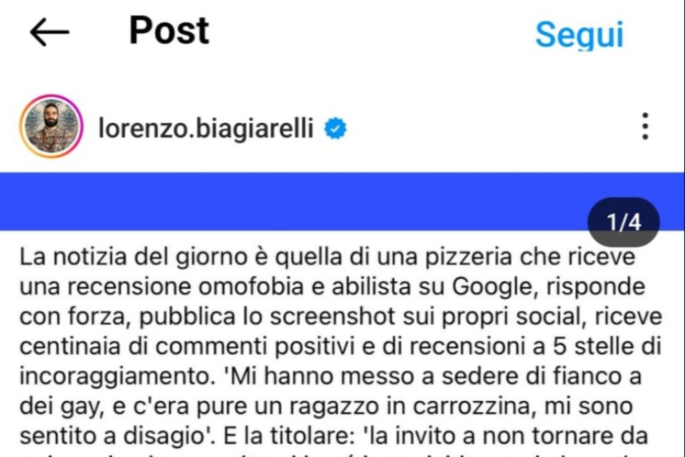 Il post dello chef Lorenzo Biagiarelli - Instagram