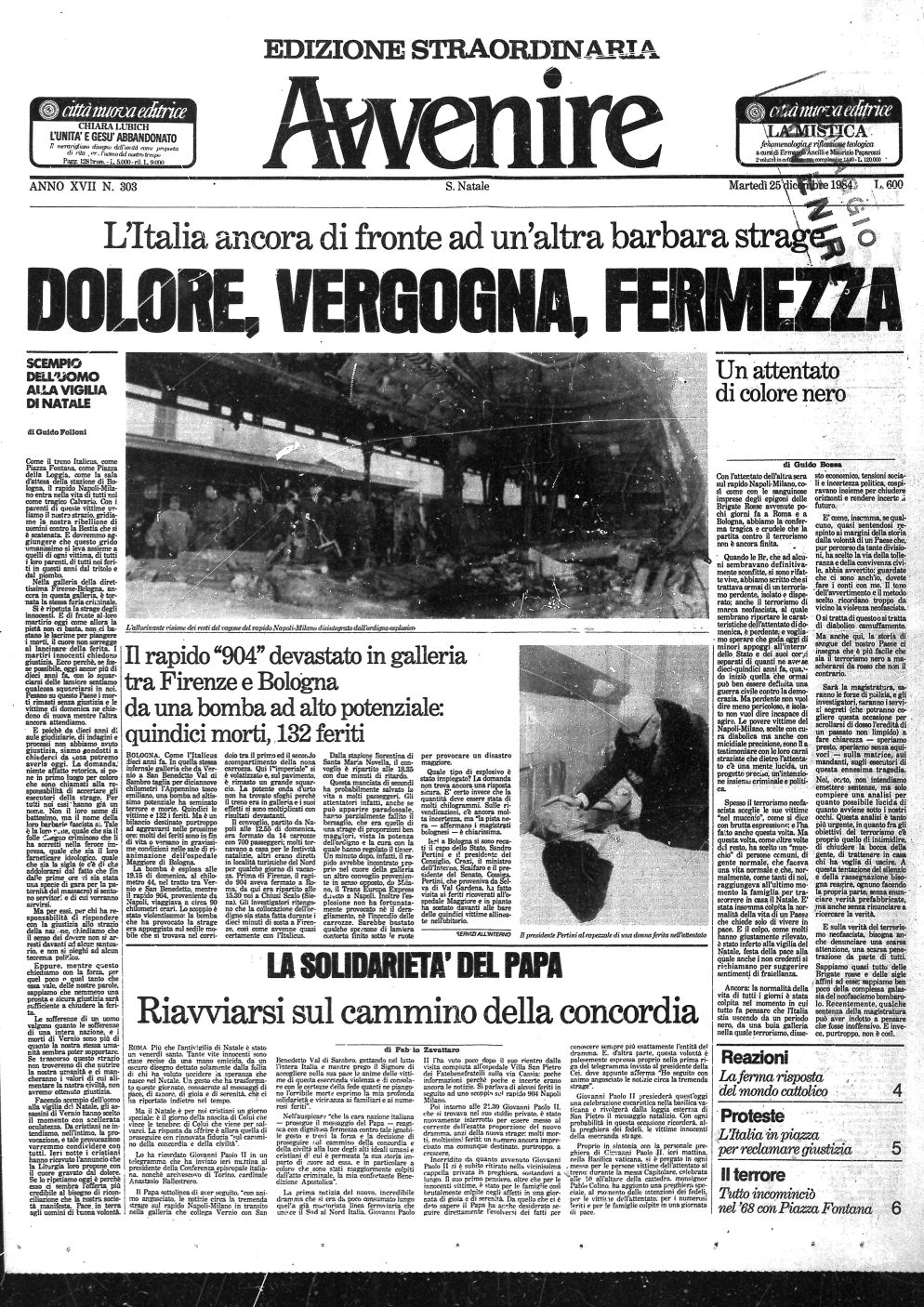 La prima pagina dell'edizione speciale di Avvenire uscita il 25 dicembre 1984