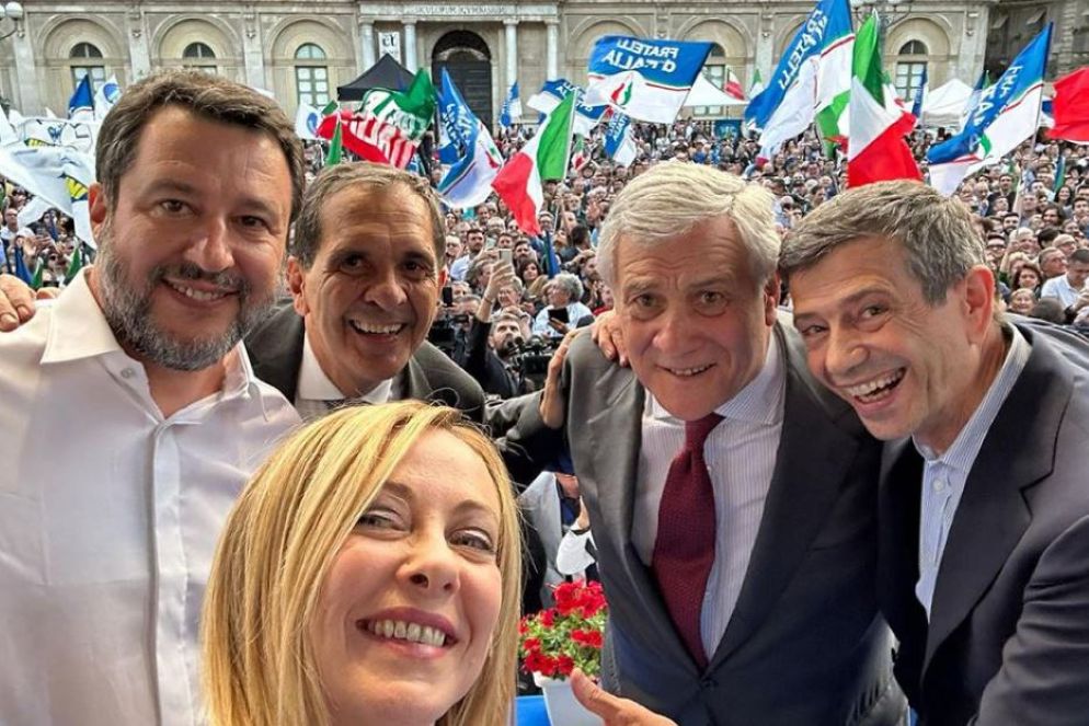 La premier Meloni e gli altri del leader del centrodestra insieme a un comizio - Foto di archivio