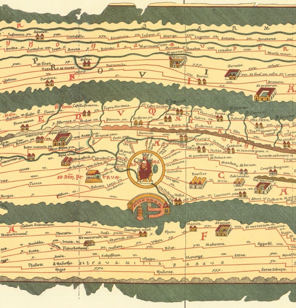 Tabula Peutingeriana (copia del XII-XIII secolo di un'antica carta romana che mostra le vie stradali dell'Impero romano) particolare di Roma - Fondazione Benetton