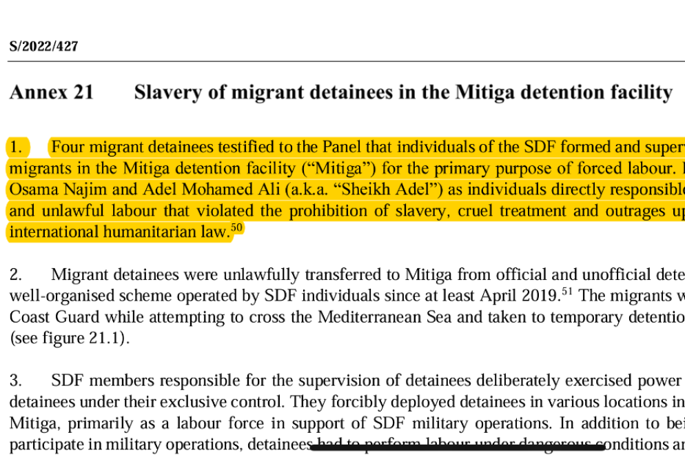 Una delle pagine delle indagini depositate al Consiglio di Sicurezza Onu nel quale è indicato il generale Najim (Almasri) come direttamente coinvolto nel traffico di esseri umani - undefined