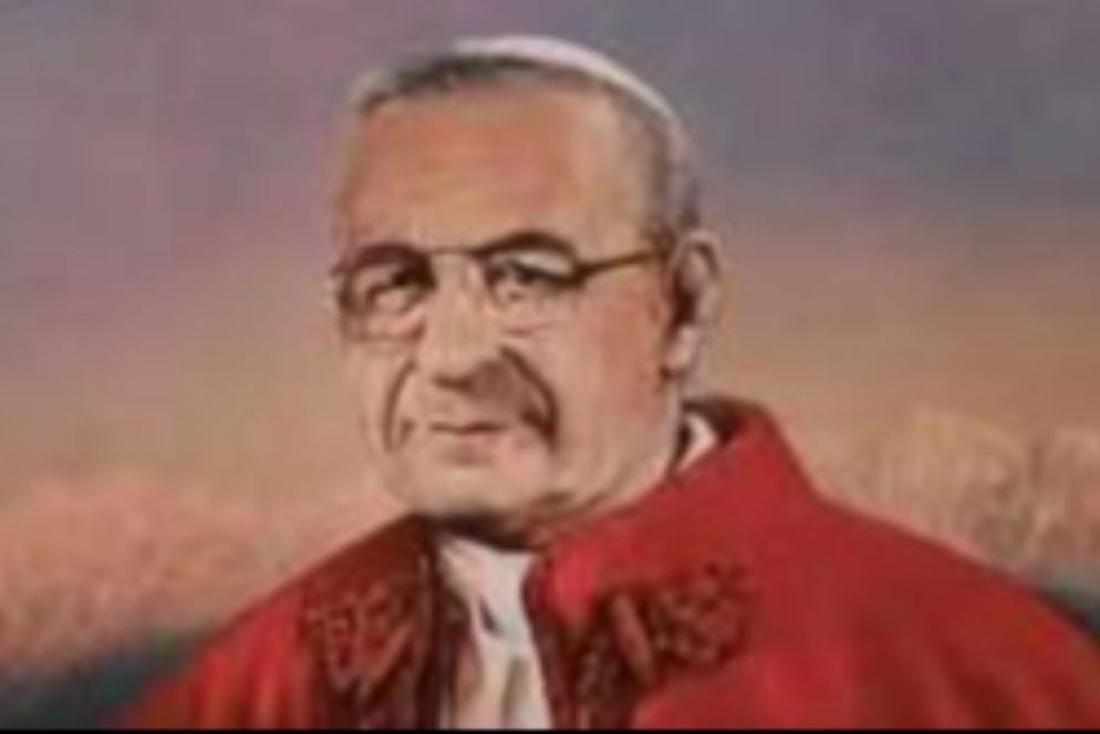 Particolare del dipinto di Gotthard Bonell, dedicato a Giovanni Paolo I, ritratto sullo sfondo del Catinaccio, esposto dal 29 settembre 2024 nel Santuario di Pietralba (Bolzano) - .