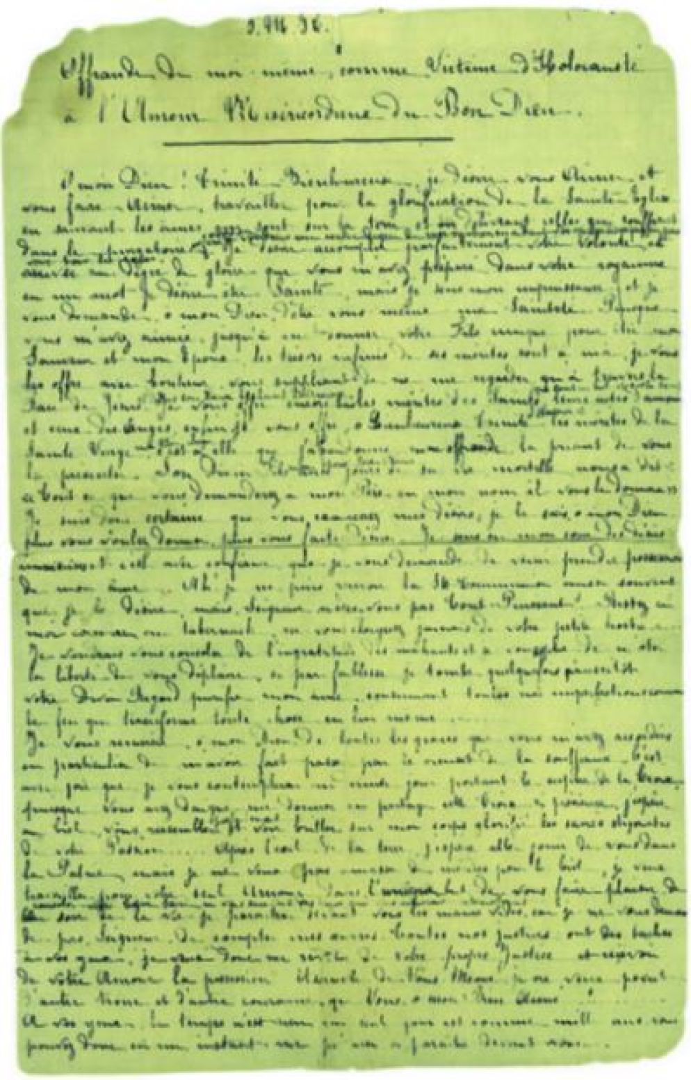 La prima pagina del manoscritto con l’Atto di offerta all’Amore Misericordiosoredatto da santa Teresa di Lisieuxil 9 giugno 1895 - -