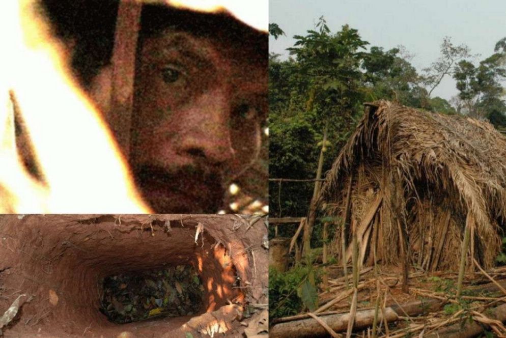 L'indio, la sua capanna e una delle buche scavate, ripresi dalla Funai