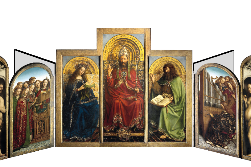 Il Polittico nella cattedrale di San Bavone a Gand, noto come Altare dell’Agnello mistico: la ricostruzione di Parronchi che pone i due livelli di schiena: fronte - -