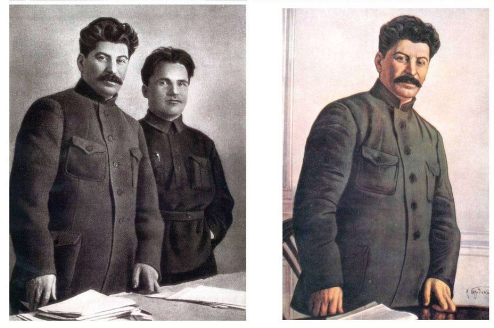La versione finale della foto dei cinque, ridotti a due, e il ritratto di Stalin da solo che ne venne tratto - WikiCommons