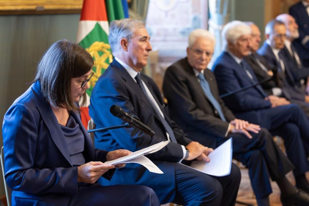 Il nuovo rettore dell'Università Cattolica Elena Beccalli durante il suo discorso al Quirinale - Ansa