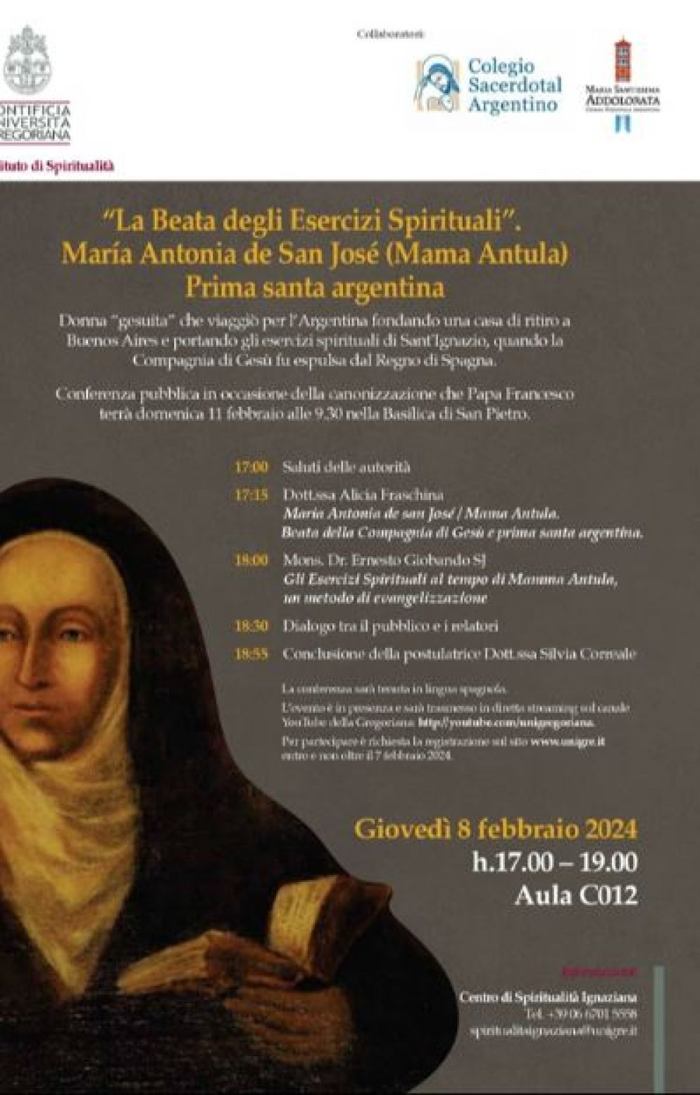 La locandina del convegno dedicato alla beata argentina vissuta tra il 1730 e il 1799 - Pontificia Università Gregoriana