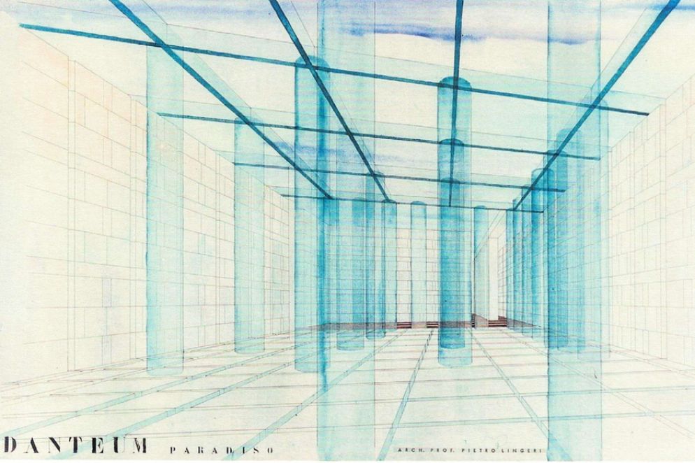Vista interna degli spazi del Danteum di Lingeri e Terragni relativi al Paradiso con le colonne di vetro - .