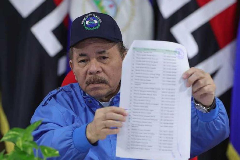 Il dittatore del Nicaragua, Daniel Ortega, mostra la lista dei 222 oppositori che ha mandato in esilio negli Usa, in accordo col governo Biden. Ma uno si è rifiutato di partire: il vescovo Álvarez - Ansa / Epa / Presidenza del Nicaragua