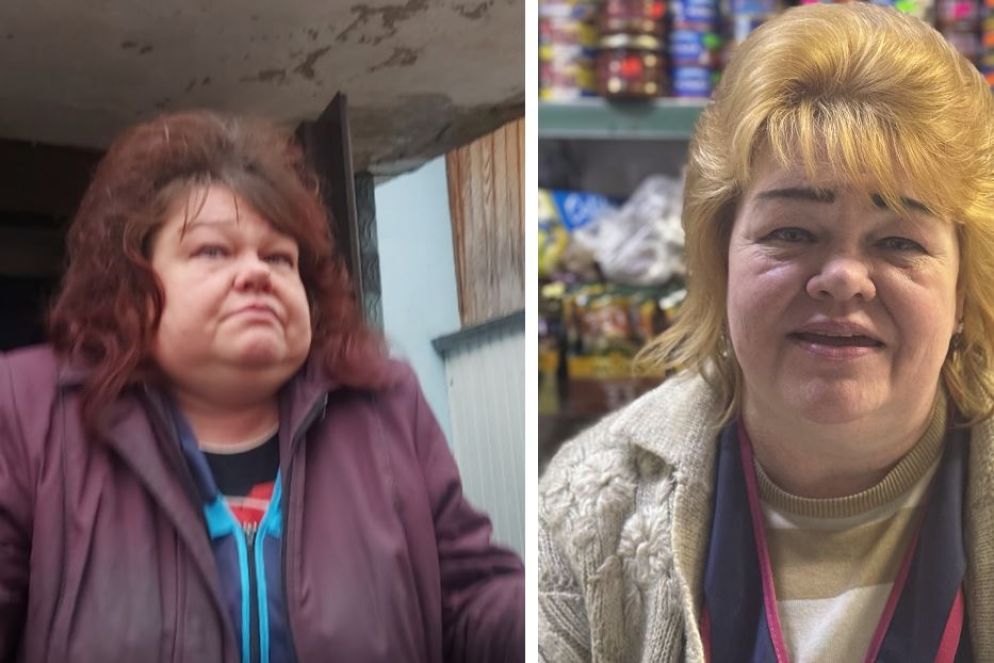 A sinistra Ira, la mattina del primo attacco russo a pochi metri dalla sua casa, il 24 marzo 2022. A destra, Ira oggi nel suo negozio sullo stesso luogo - Nello Scavo