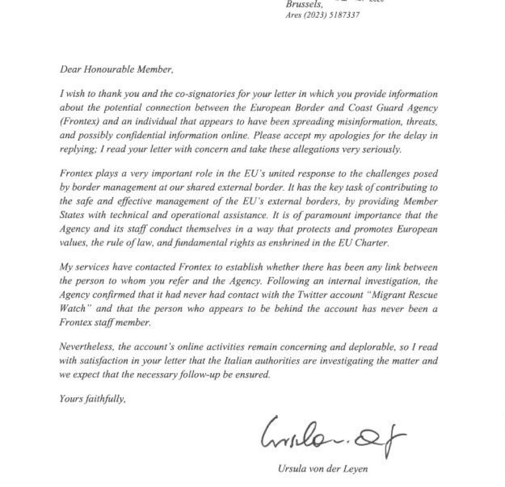 La lettera con cui Ursula von der Leyen definisce "preoccupanti e deplorevoli" le rivelazioni di documenti riservati da parta di un profilo anonimo - .