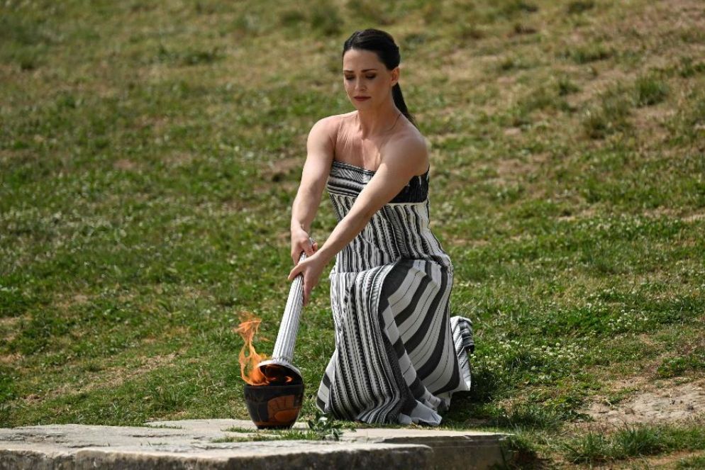 L'accensione della Fiamma olimpica 2024 a Olimpia - ANSA