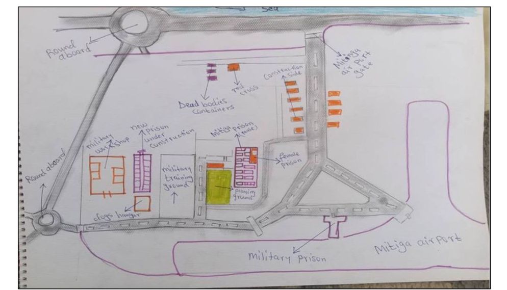 La prigione di Mitiga come disegnata da una delle vittime. I dettagli sono poi risultati coincidenti con l’esito delle indagini internazionali