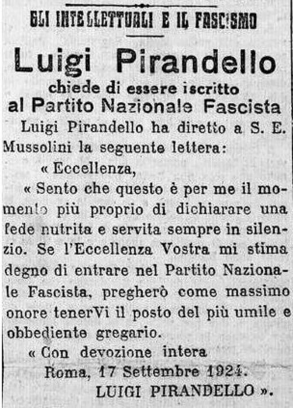 Il trafiletto con cui il quotidiano "L'Impero" il 19 settembre diede notizia dell'adesione di Pirandello al PNF - Archivio Meli