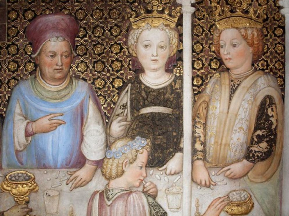 Immagine: Fratelli Zavattari. Banchetto delle nozze di Teodolinda (part), dagli affreschi della cappella di Teodolinda, duomo di Monza XIV sec.