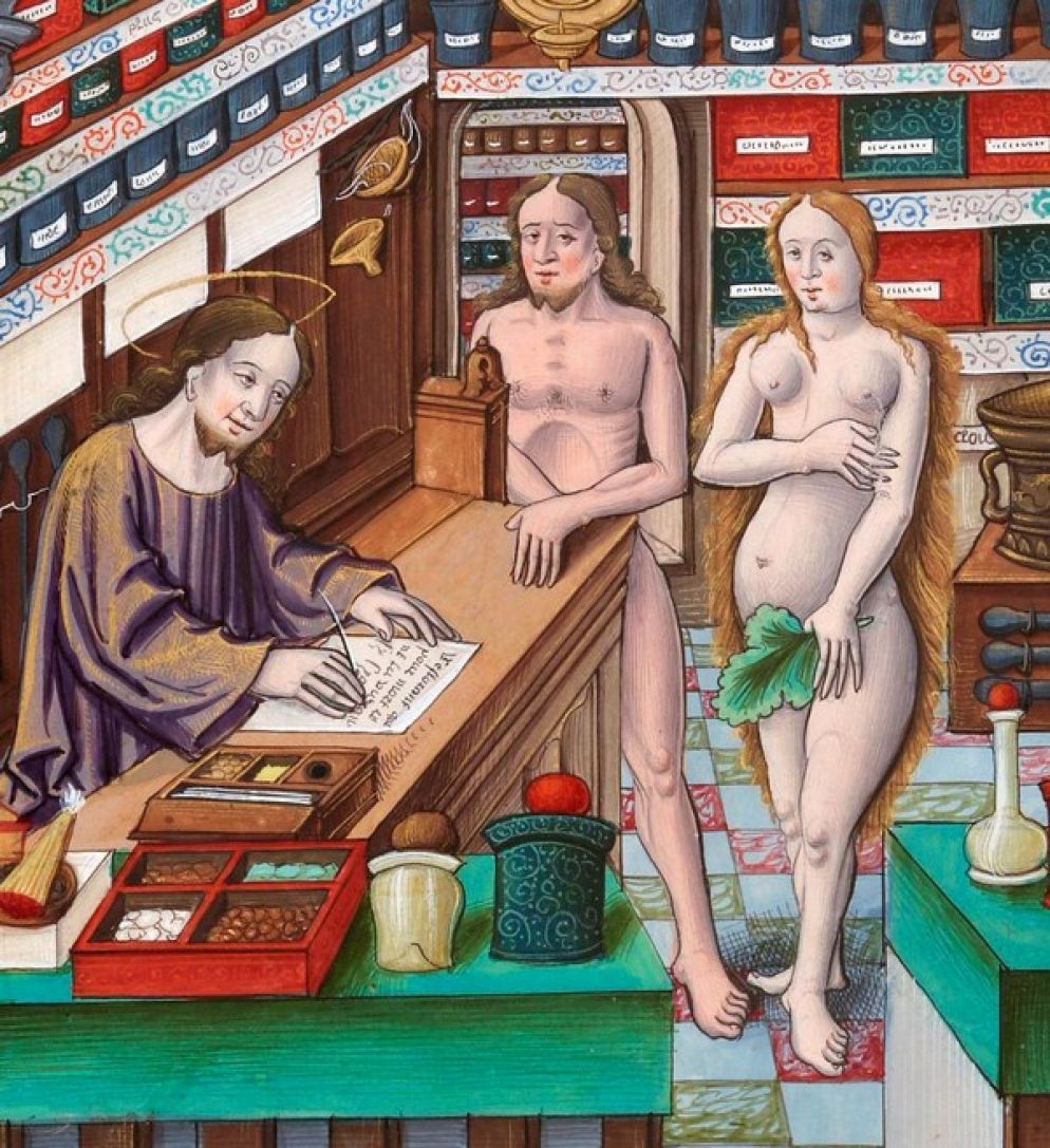 Cristo, il farmacista, prepara una ricetta per Adamo ed Eva. Miniatura dal manoscritto «Canti royaux du Puy de Rouen» (1519-1528), Biblioteca Nazionale, Parigi