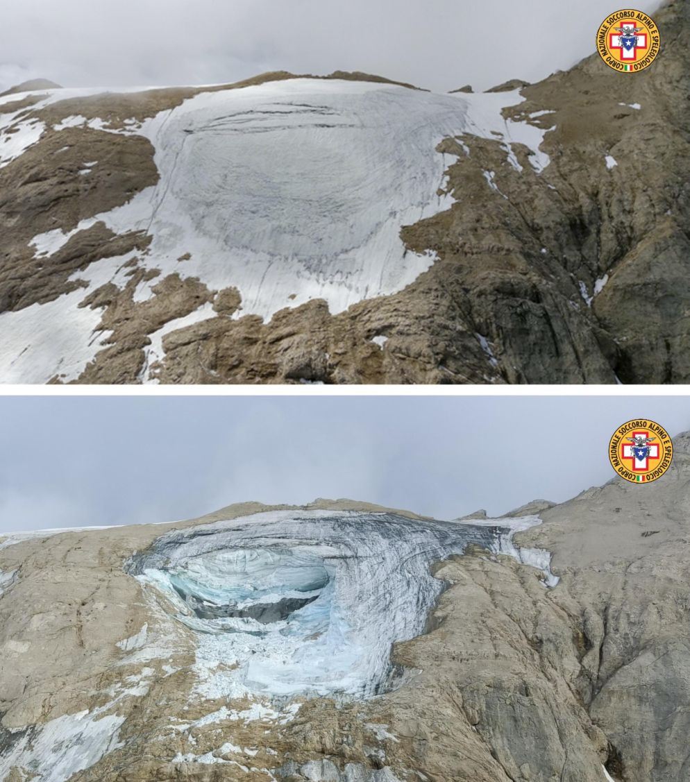 Il ghiacciaio della Marmolada prima e dopo il crollo, nelle immagini diffuse dal Soccorso alpino e speleologico: si vede chiaramente il cratere creato dal distacco della parete - Ansa