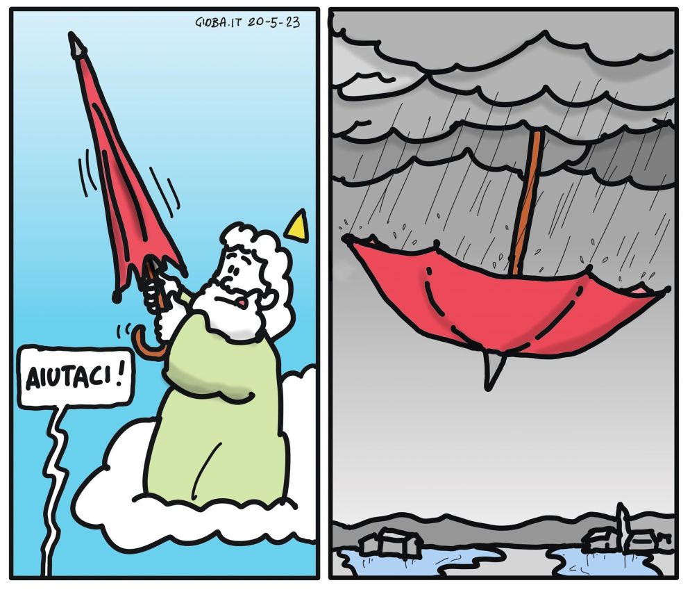 sotto alla vignetta dell’ombrello il testo dice: «...le mani che spalano il fango sono una preghiera così come quelle che si alzano al cielo per chi è colpito dal disastro… e anche Dio non rimarrà certo con le mani in mano...». - https://www.facebook.com/giovanni.berti